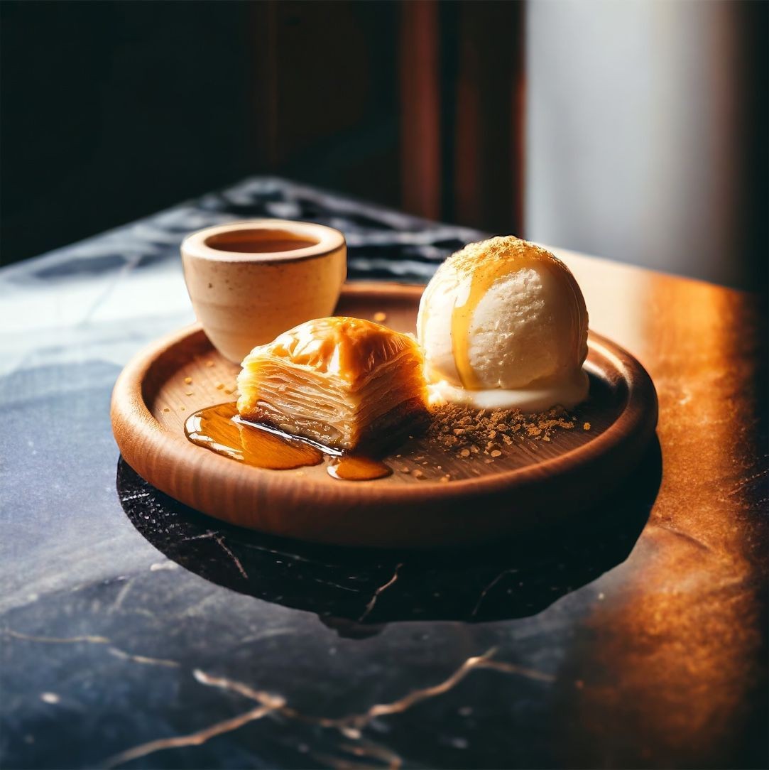 Dessert with layered pastry, ice cream, and coffee on a wooden plate.